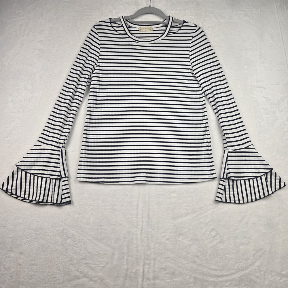 Altar'd State Womens White & Black‎ Striped Blouse  Size Small Bell Sleeves